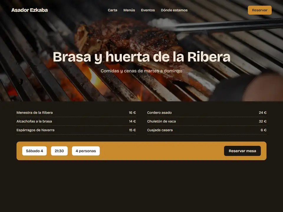 Estructura de una web con reservas, foto grande, carta en dos columnas y barra de reserva