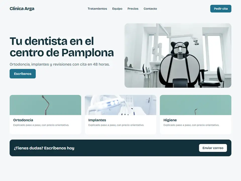 Estructura de una web de servicios con cabecera, tres servicios y llamada a escribir