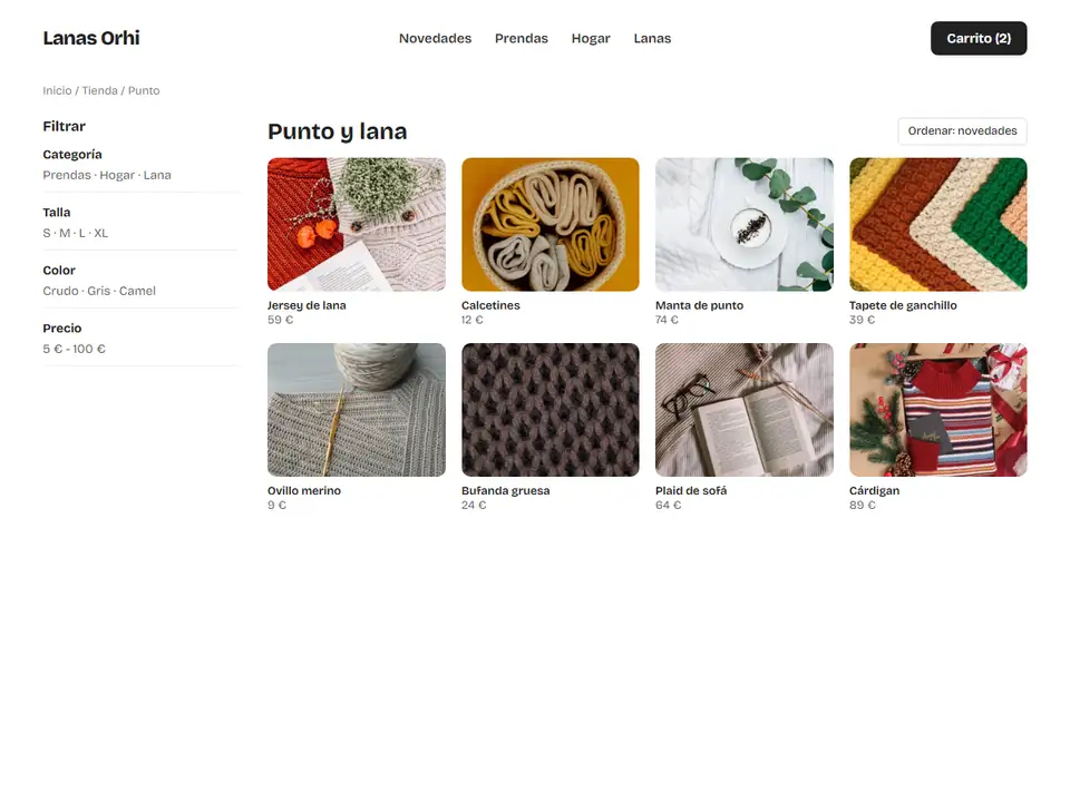 Estructura de una tienda online con filtros laterales y rejilla de productos